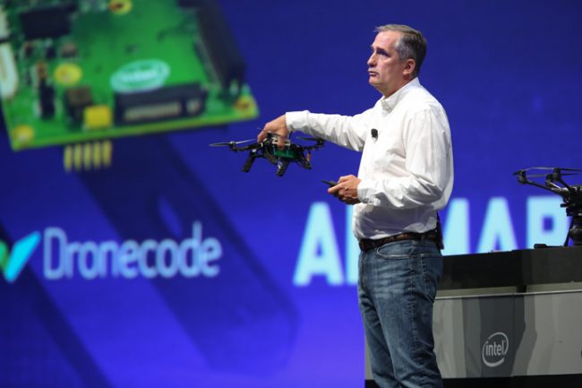 Intel CEO Brian Krzanich displays the Aero Ready To Fly drone -- a fully-assembled quadcopter with compute board, integrated depth and vision capabilities using Intel RealSense Technology. Krzanich displayed the new quadcopter during his keynote at the 2016 Intel Developer Forum in San Francisco on Tuesday, Aug. 16, 2016. (Credit: Intel Corporation)