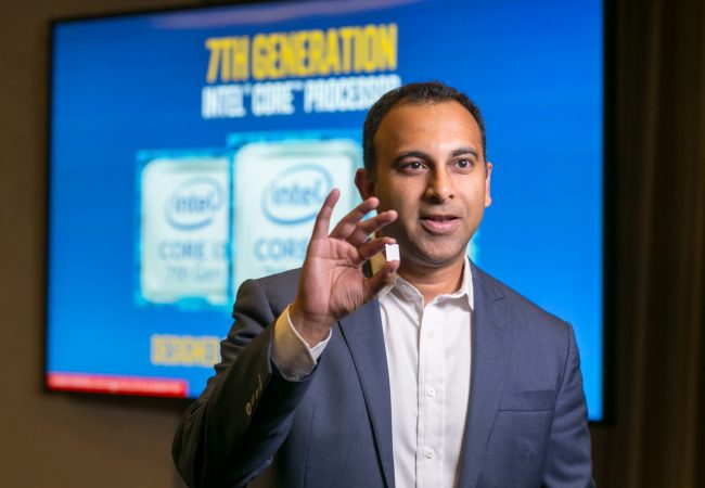 Navin Shenoy, Intel corporate vice president and general manager for its Client Computing Group, holds a 7th Gen Intel Core processor. 7th Gen Intel Core processors deliver richer experiences, incredible performance and responsiveness, and true ultra HD 4K entertainment in stunning new devices. (Credit: Intel Corporation)